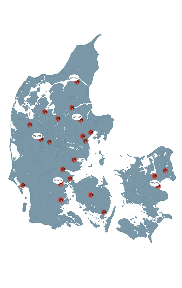 Kort med BYD lokationer hos Skorstensgaard